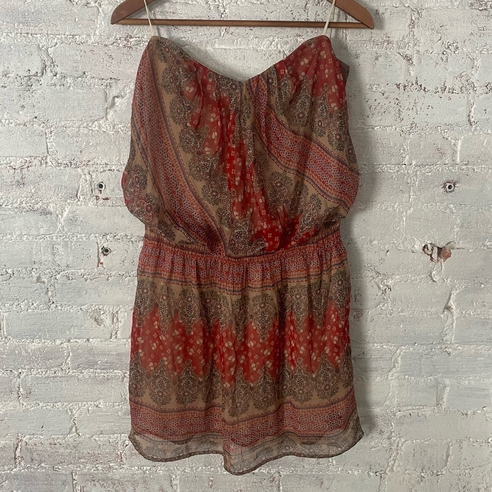 Mystic Brown|Red Strapless Paisley Print Ruched Waist Dress Sz Large